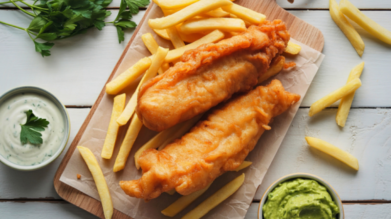 Battered fish and chips on a board with a side of tartar sauce and mushy peas